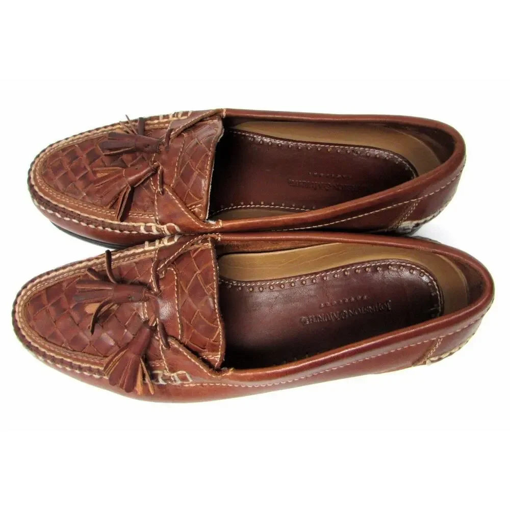 Johnston & Murphy men's 9.5 M Brown leather woven weave dress shoes tassels